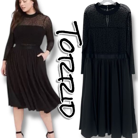 Torrid Black Mesh Flocked Star Mock-Neck Midi Dress Polka Dot Stars Womens Sz 22 - Picture 1 of 13
